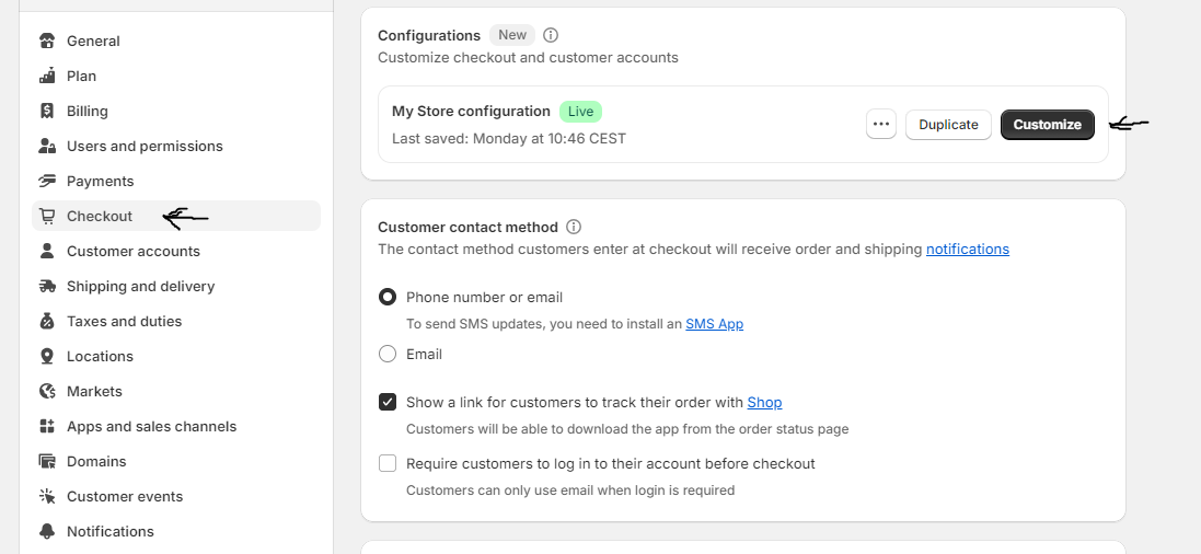 Store setup: settings customize checkout