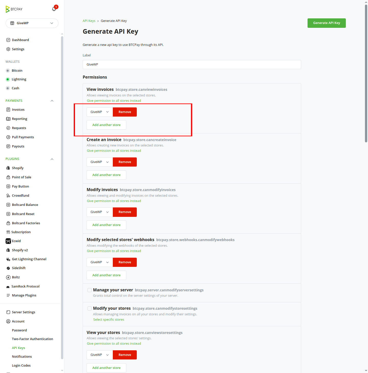 BTCPay for GiveWP: API Keys Permissions