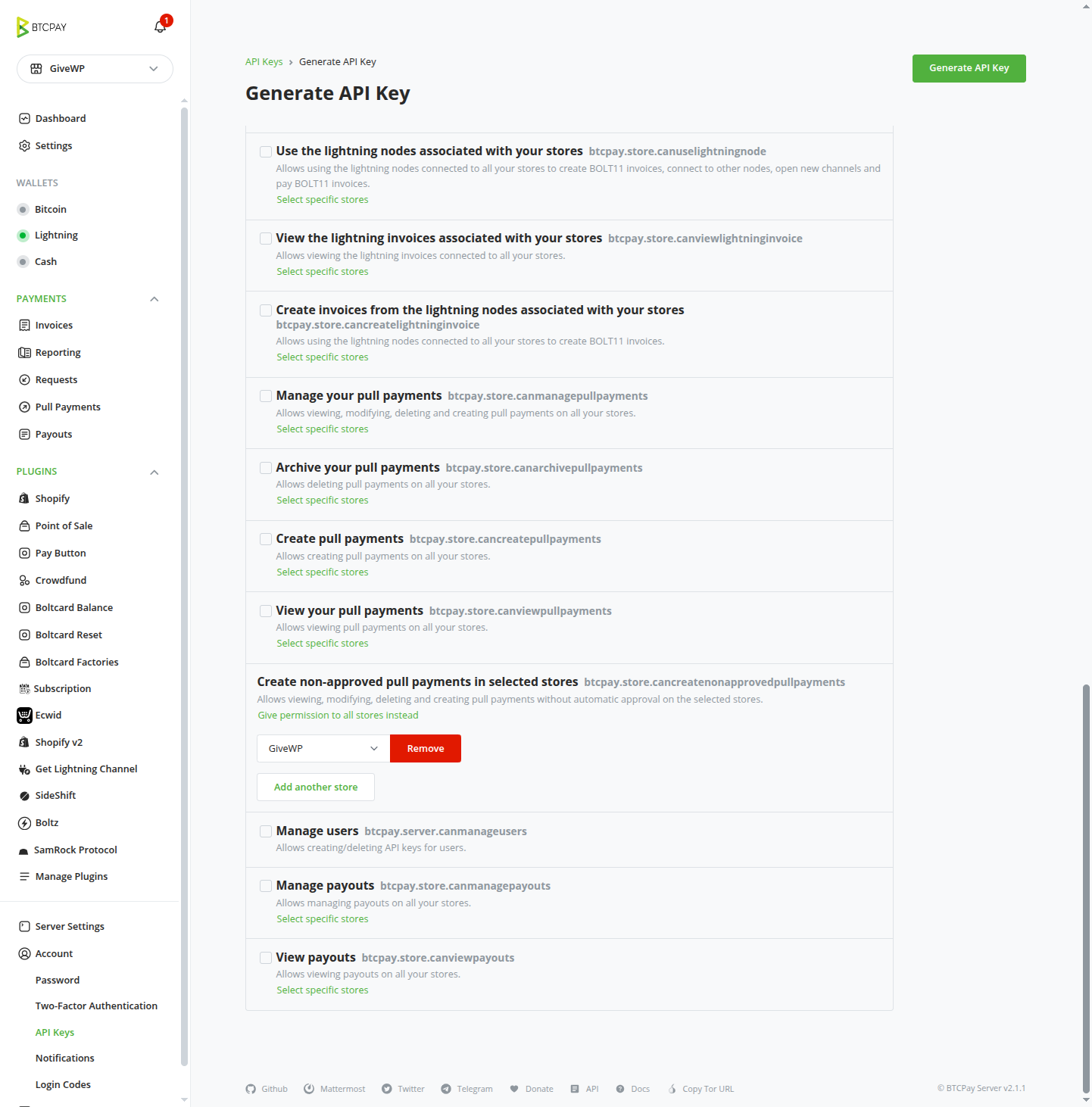 BTCPay for GiveWP: API Keys Permissions