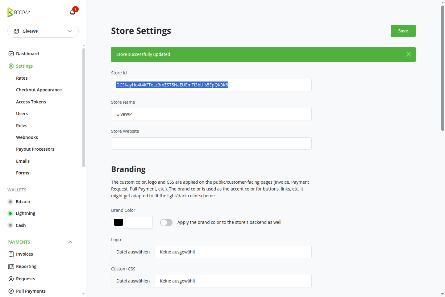BTCPay for GiveWP: Copy Store ID