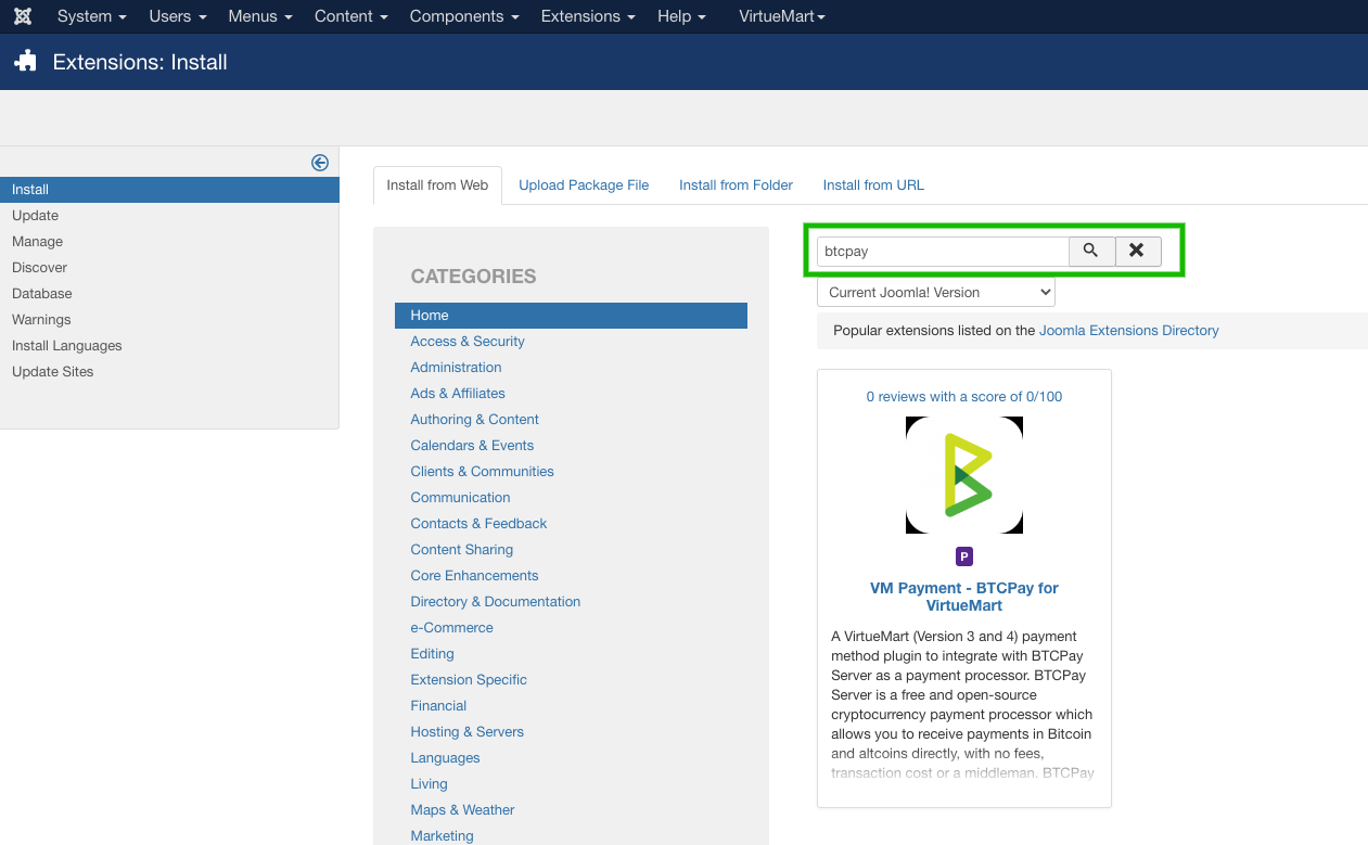 BTCPay Virtuemart: ウェブからのプラグインインストール BTCPay Virtuemart: ウェブからのプラグインインストール
