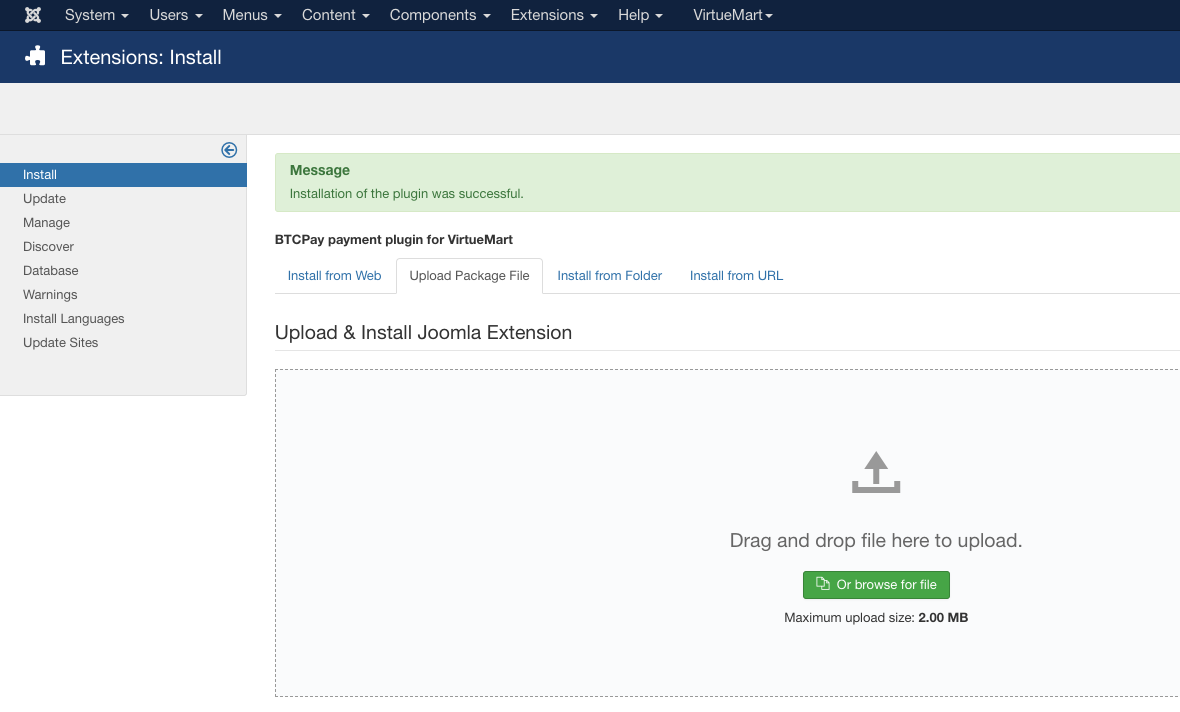 BTCPay Virtuemart: アップロードでのプラグインインストール BTCPay Virtuemart: アップロードでのプラグインインストール