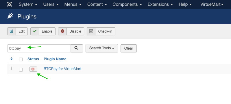 BTCPay Virtuemart: プラグインを有効化 BTCPay Virtuemart: プラグインを有効化
