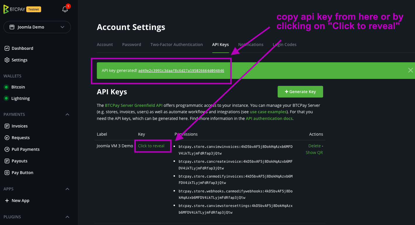 BTCPay Joomla VirtueMart: API Key をコピー BTCPay Joomla VirtueMart: API Key をコピー