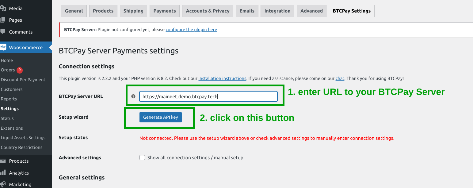 BTCPay WordPress V2: BTCPay Settings へのリンク
