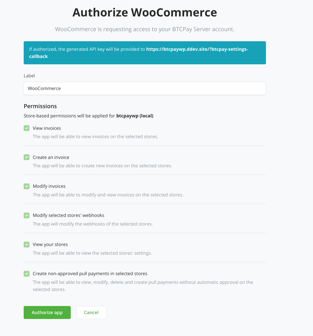 BTCPay WordPress V2: authorize app をクリック
