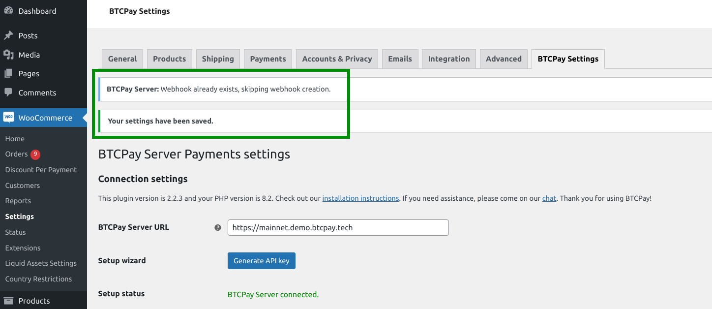 BTCPay WordPress V2: Webhook 作成済み