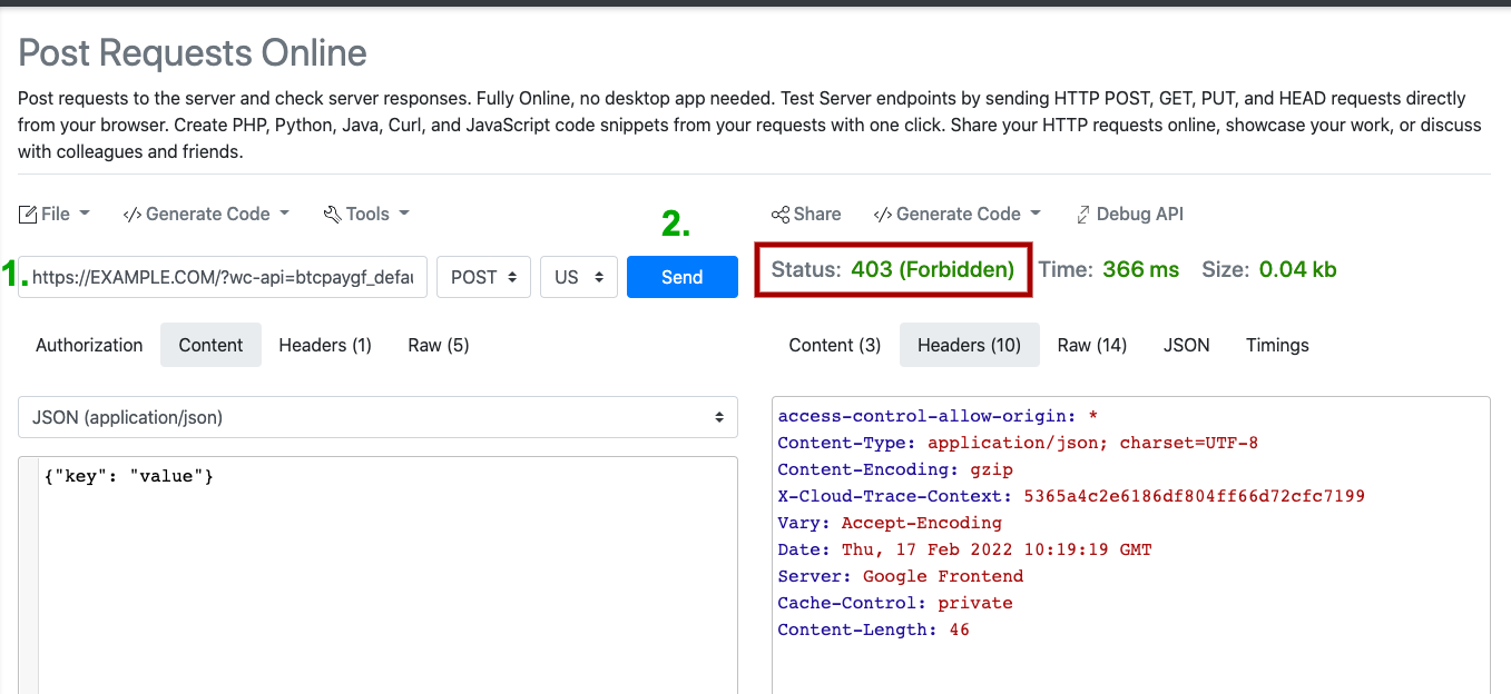 BTCPay WordPress V2: reqbin.com で 403 エラーをデバッグ