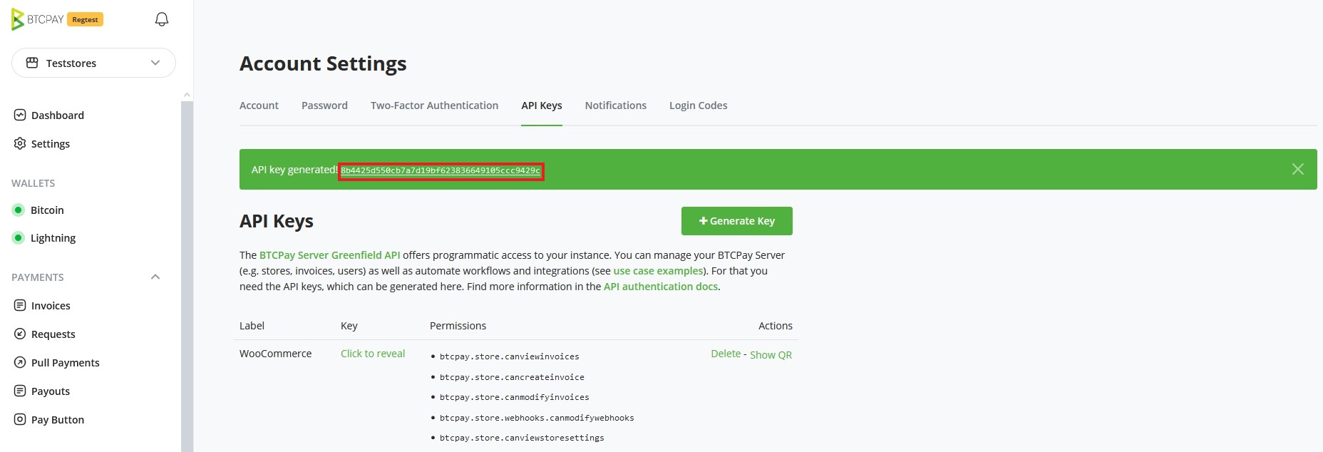 BTCPay WordPress V2: API Key をコピー