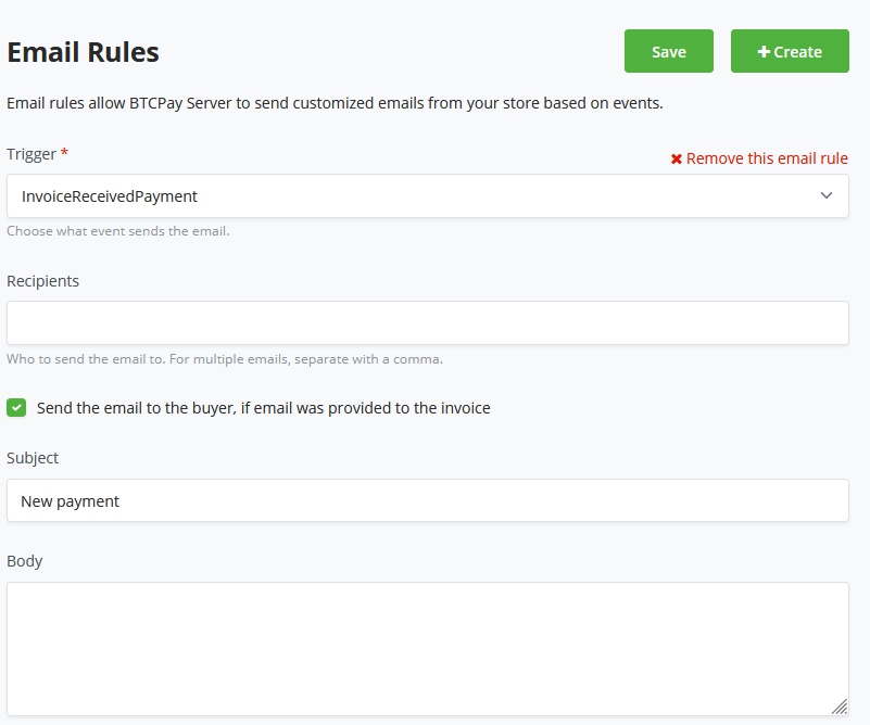 新しい Email rule を作成 新しい Email rule を作成