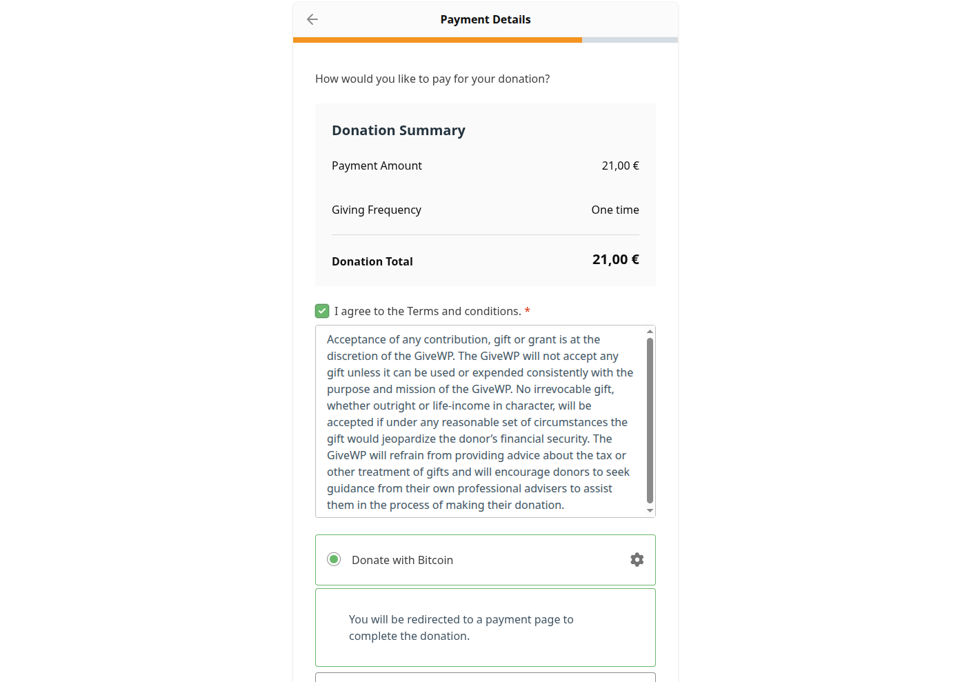 BTCPay for GiveWP: Test Donation