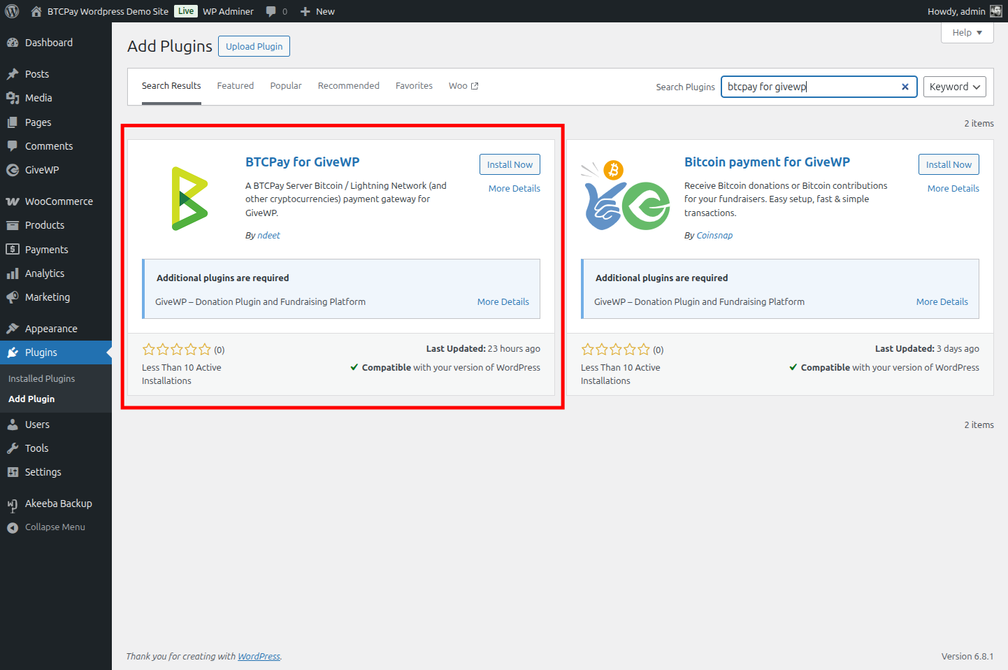 BTCPay for GiveWP: Plugin installation