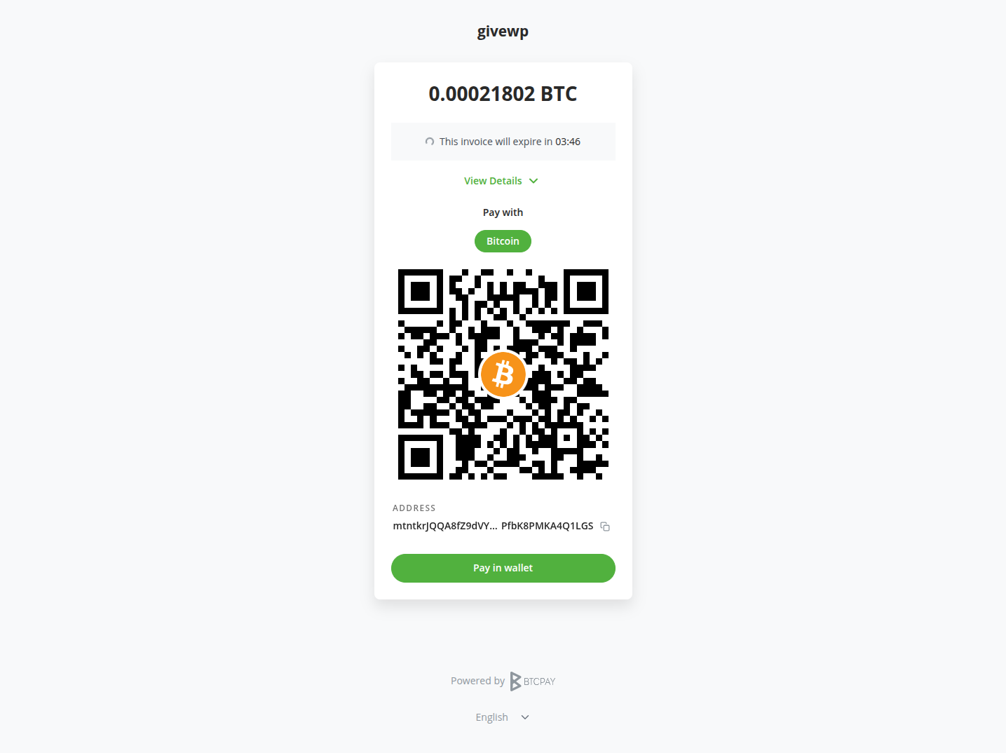 BTCPay for GiveWP: Test Donation payment page