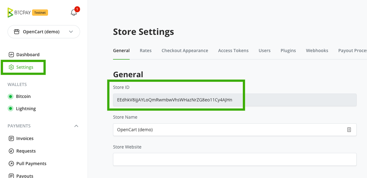 BTCPay OpenCart: Store ID をコピー