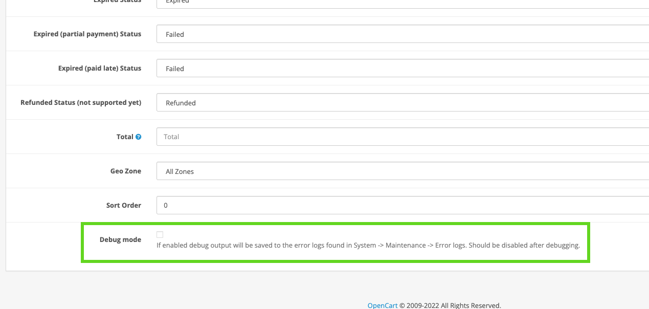 BTCPay OpenCart: デバッグモードを有効化